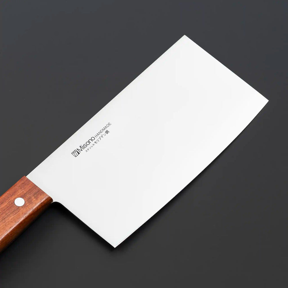 Misono AUS-8 Molybdenum Steel Chinese Cleaver with a quince wood handle and double bevel edge, 192mm blade, for versatile kitchen tasks.