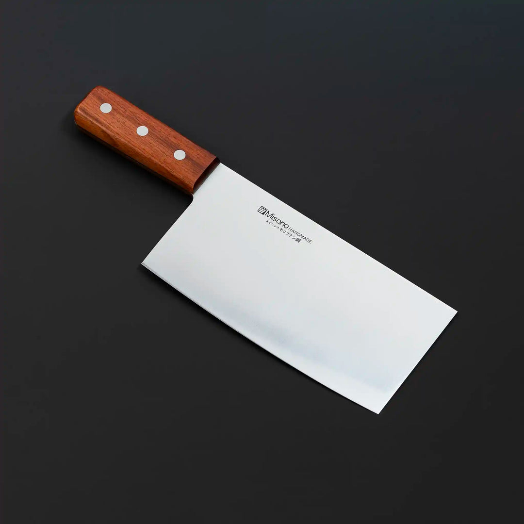 Misono AUS-8 Molybdenum Steel Chinese Cleaver with a quince wood handle and double bevel edge, 192mm blade, for versatile kitchen tasks.