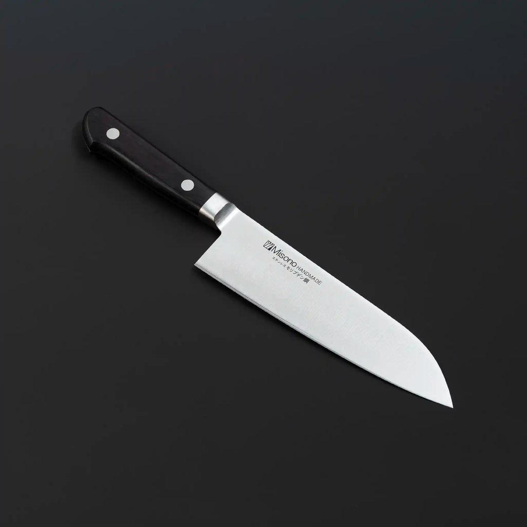Misono professional grade AUS-8 Molybdenum Steel Santoku Knife with black Pakka wood handle and stainless steel bolster, 180mm blade length for versatile kitchen use.