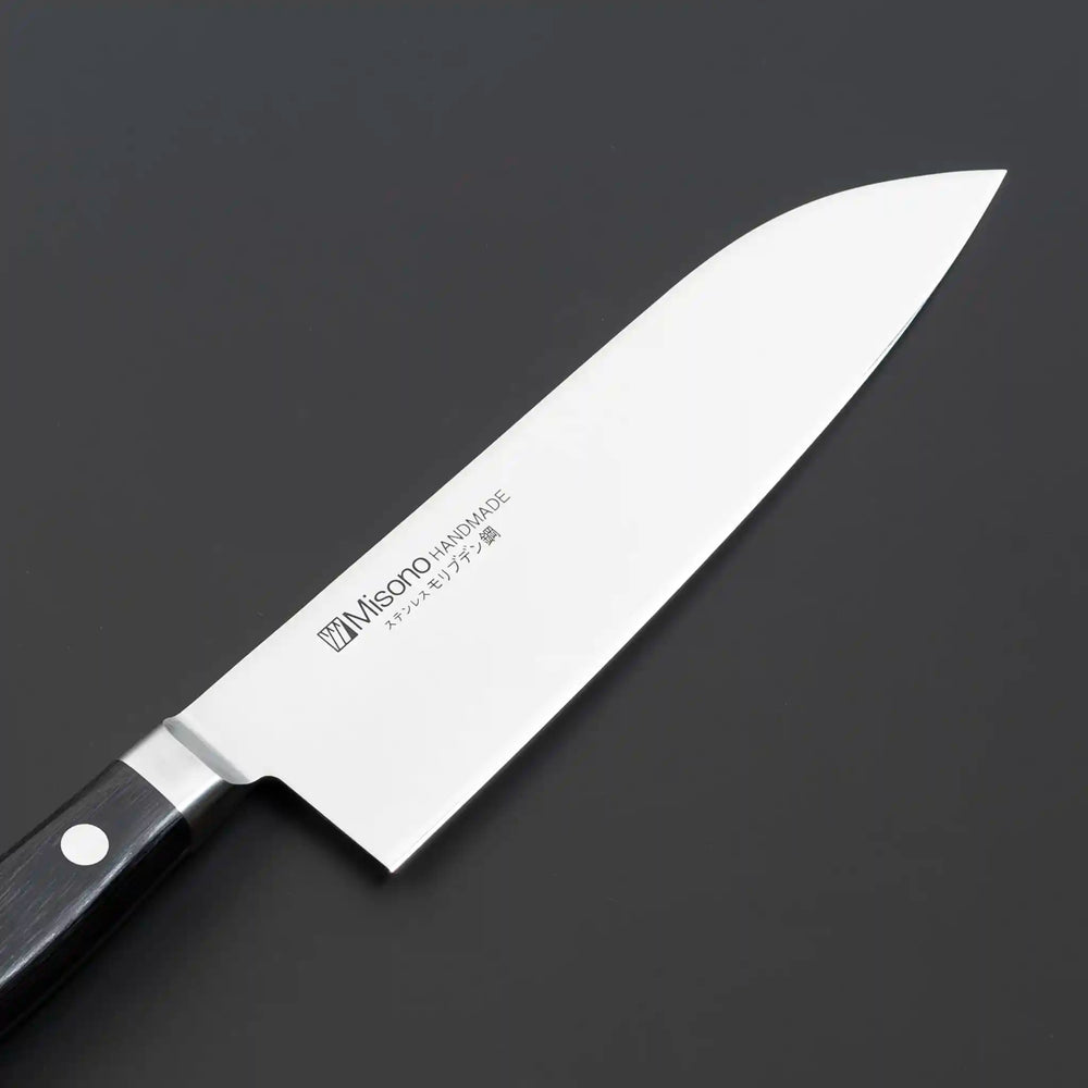 Misono professional grade AUS-8 Molybdenum Steel Santoku Knife with black Pakka wood handle and stainless steel bolster, 180mm blade length for versatile kitchen use
