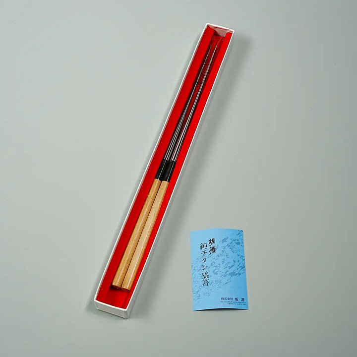 Packaging of Sakagen Titanium Moribashi Chopsticks, showcasing traditional Japanese craftsmanship.