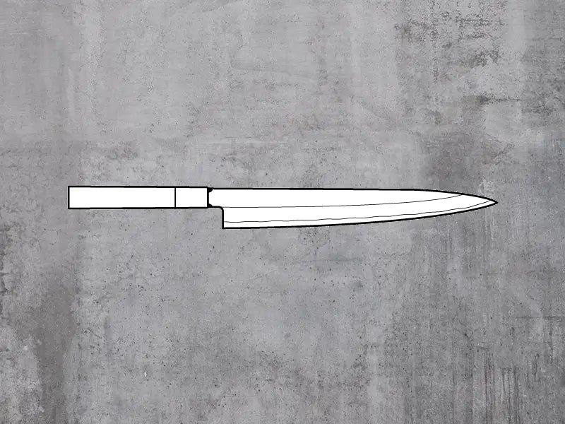 The Sashimi knife (Yanagiba) features a long, narrow blade with a single-bevel edge.